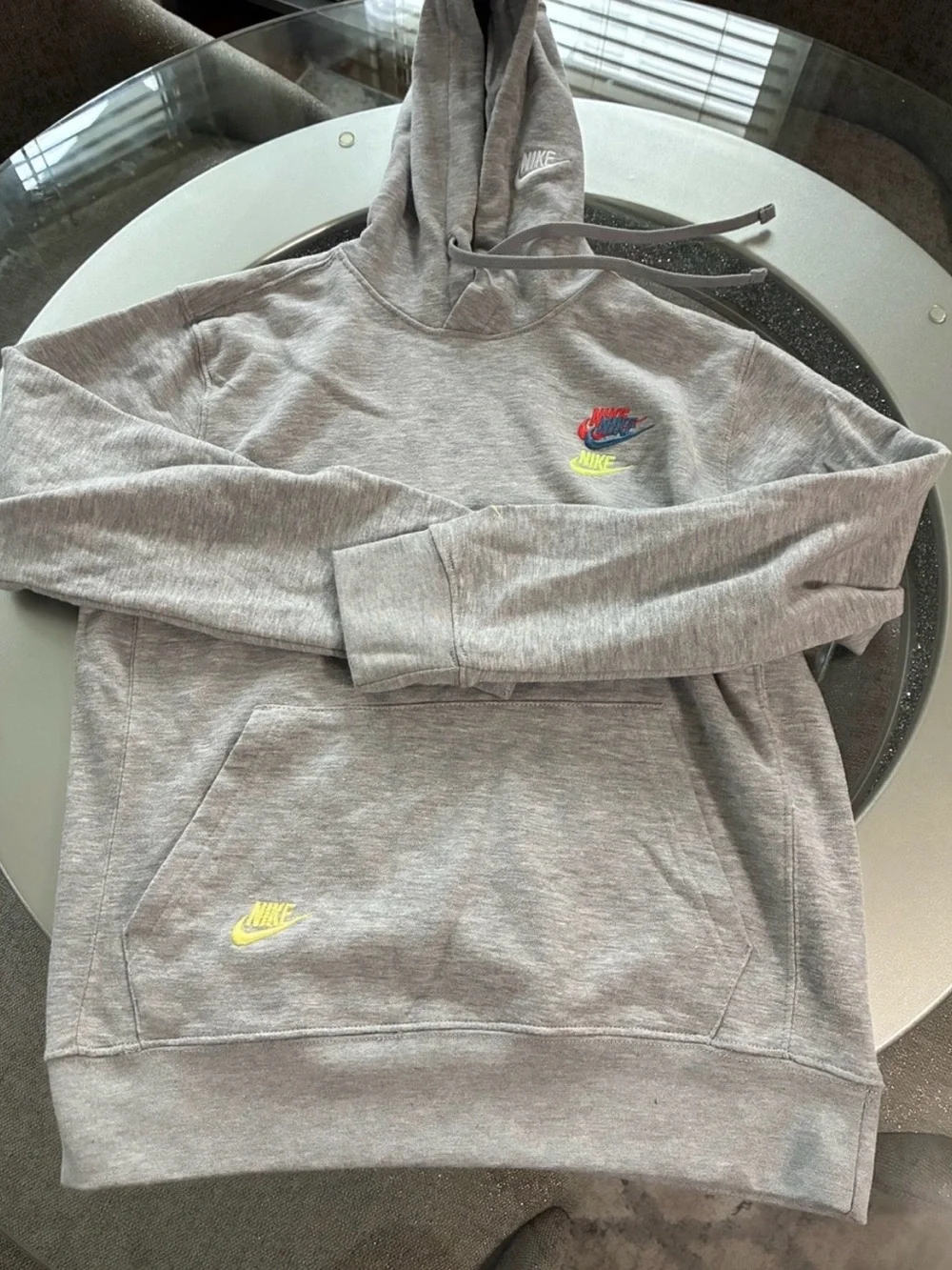 Nike Gray Hoodie with Multicolor Swoosh Logos